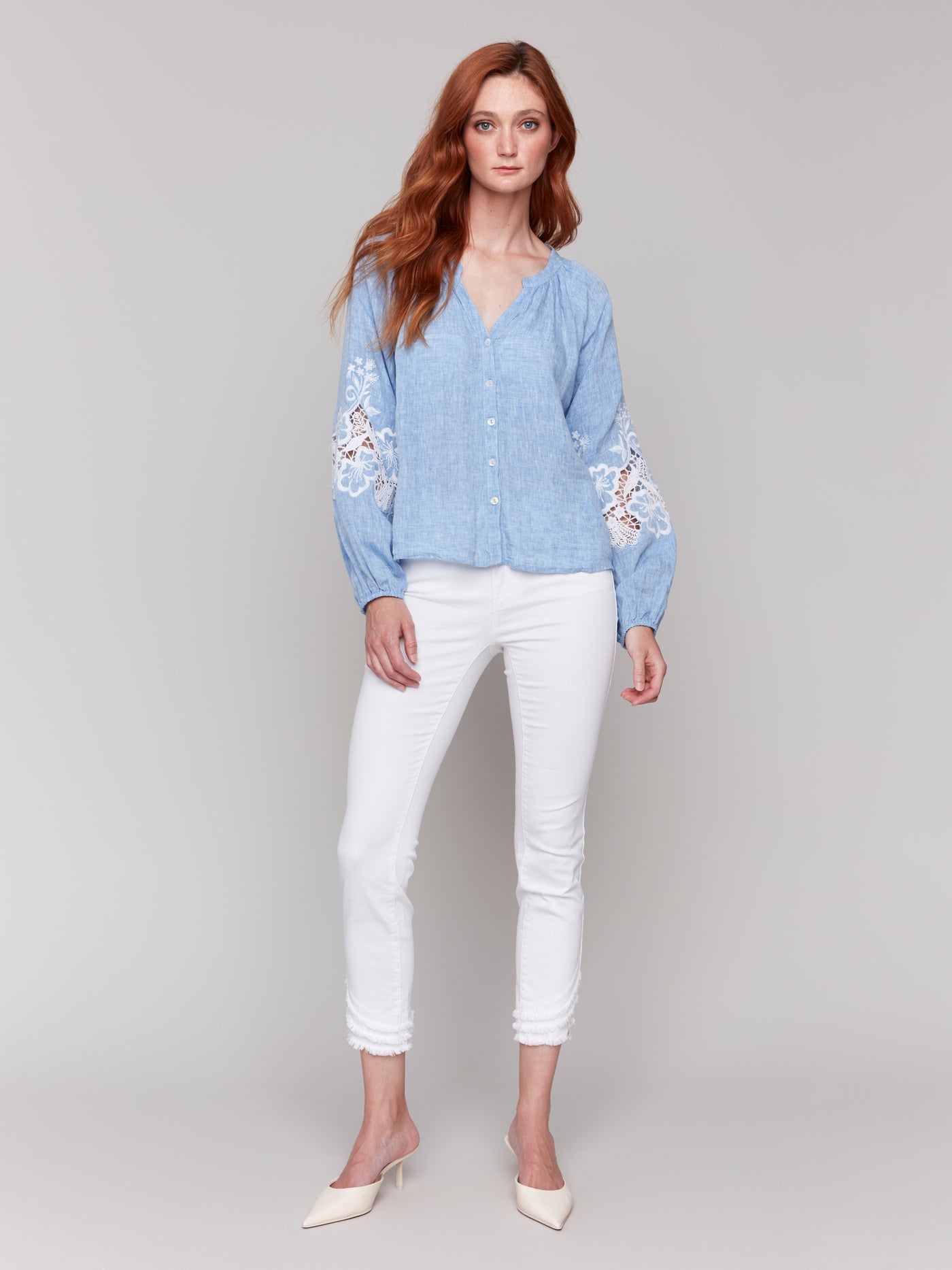 Linen Blend Button-Front Blouse with Embroidery Charlie B