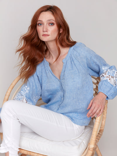 Linen Blend Button-Front Blouse with Embroidery Charlie B