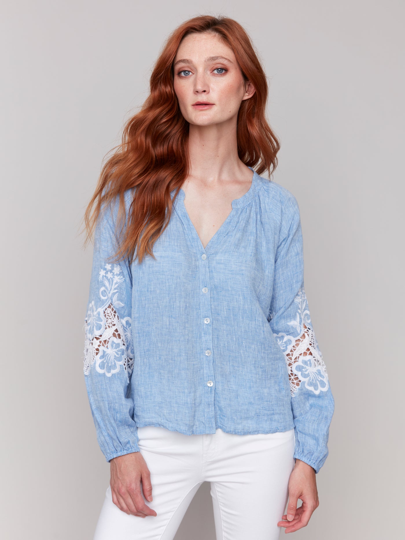 Linen Blend Button-Front Blouse with Embroidery Charlie B