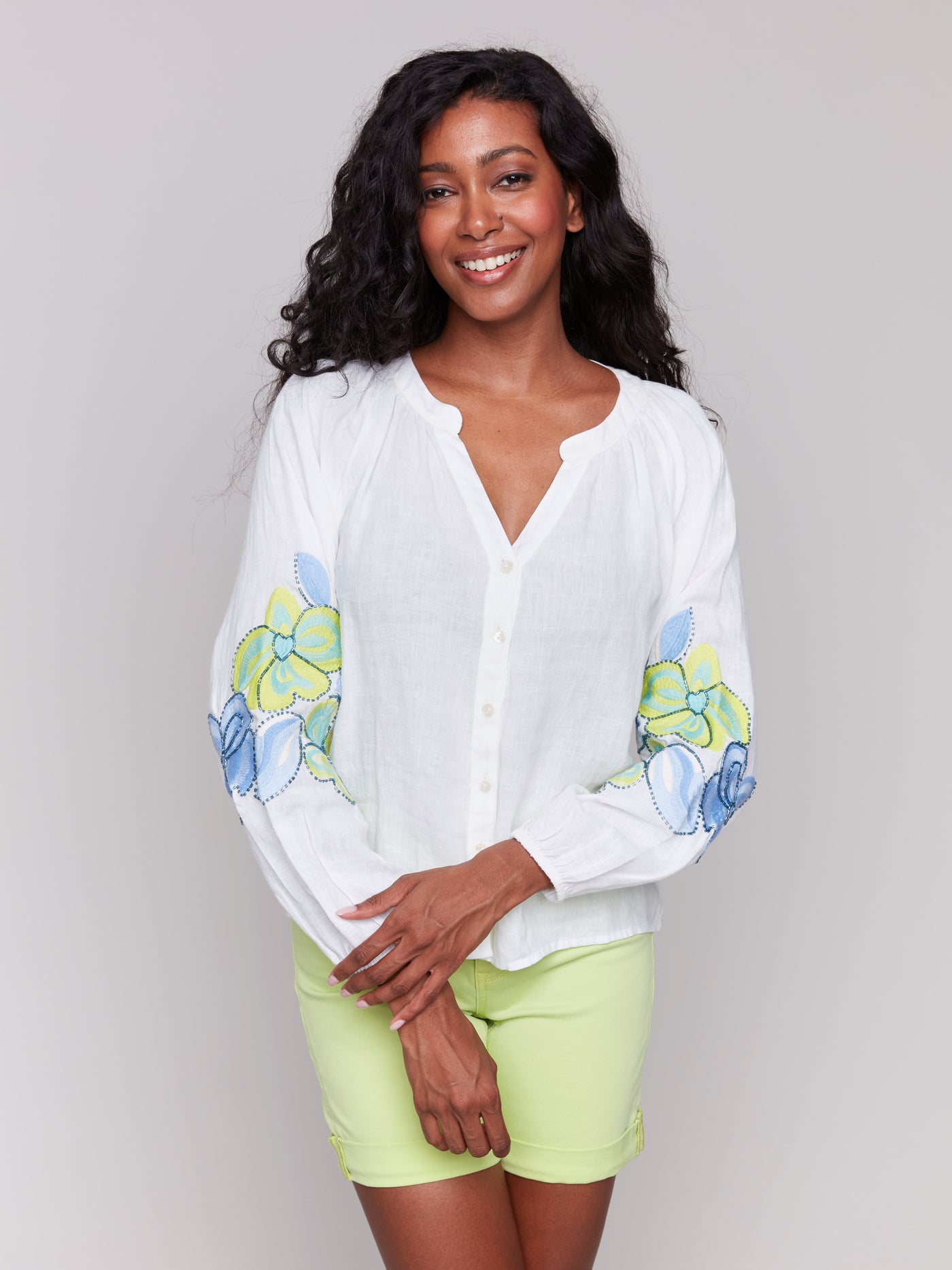 Linen Blend Button-Front Blouse with Embroidery Charlie B