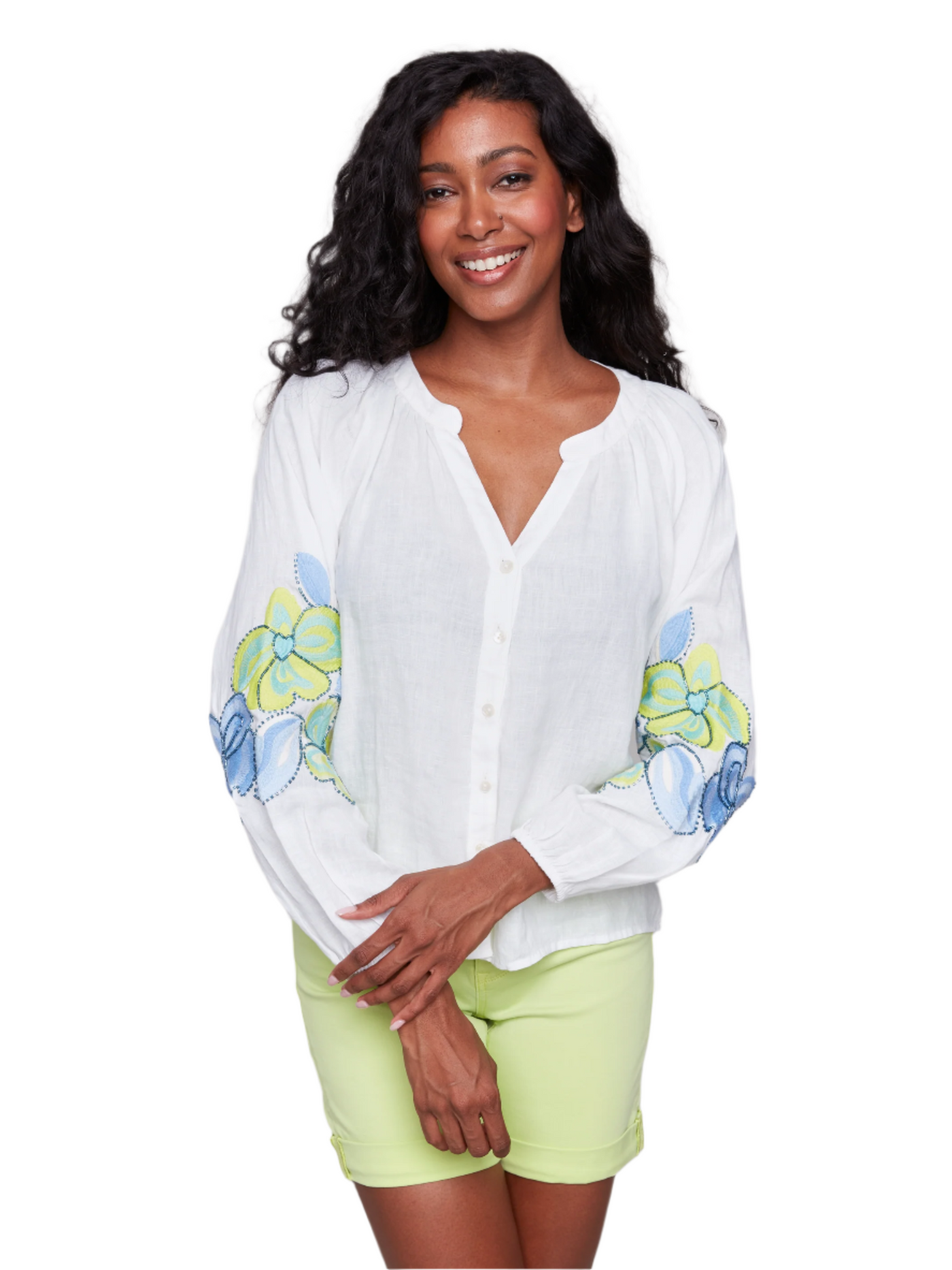 Linen Blend Button-Front Blouse with Embroidery Charlie B