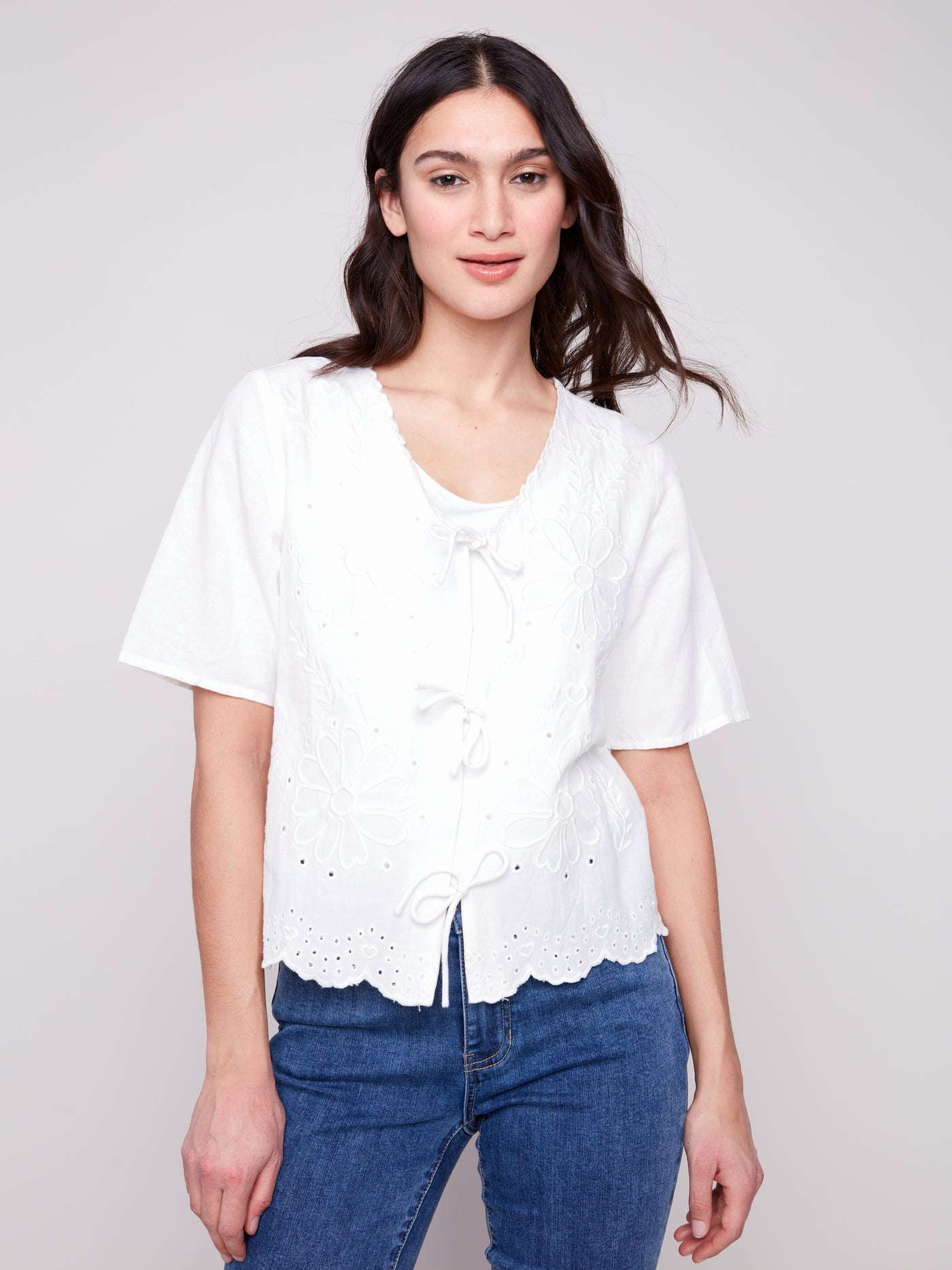 Eyelet Embroidery V-Neck Blouse with Front Ties Charlie B