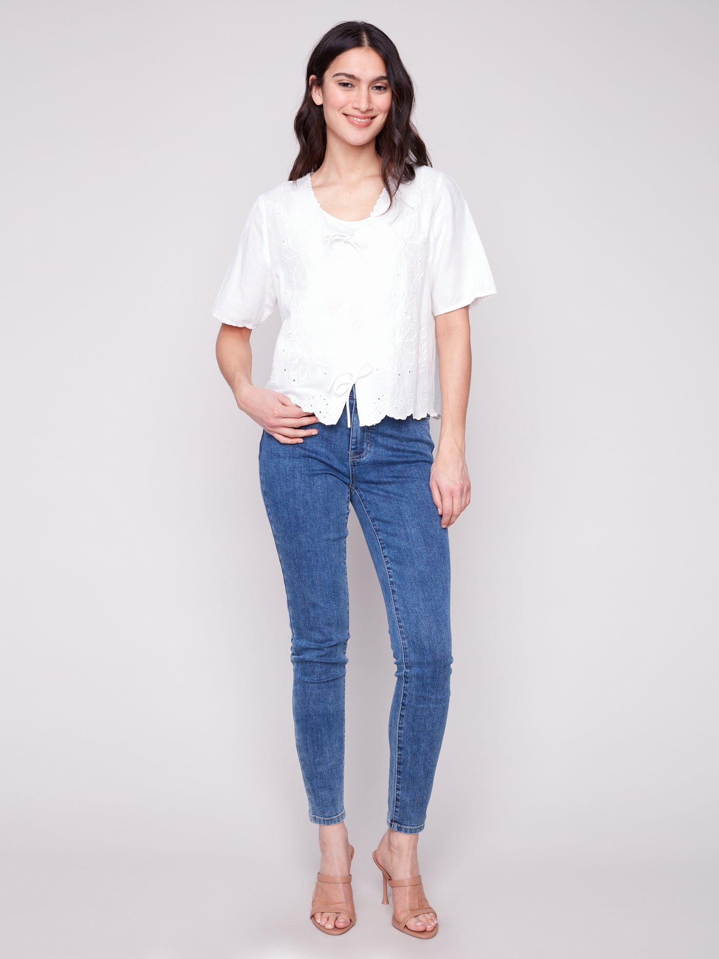 Eyelet Embroidery V-Neck Blouse with Front Ties Charlie B