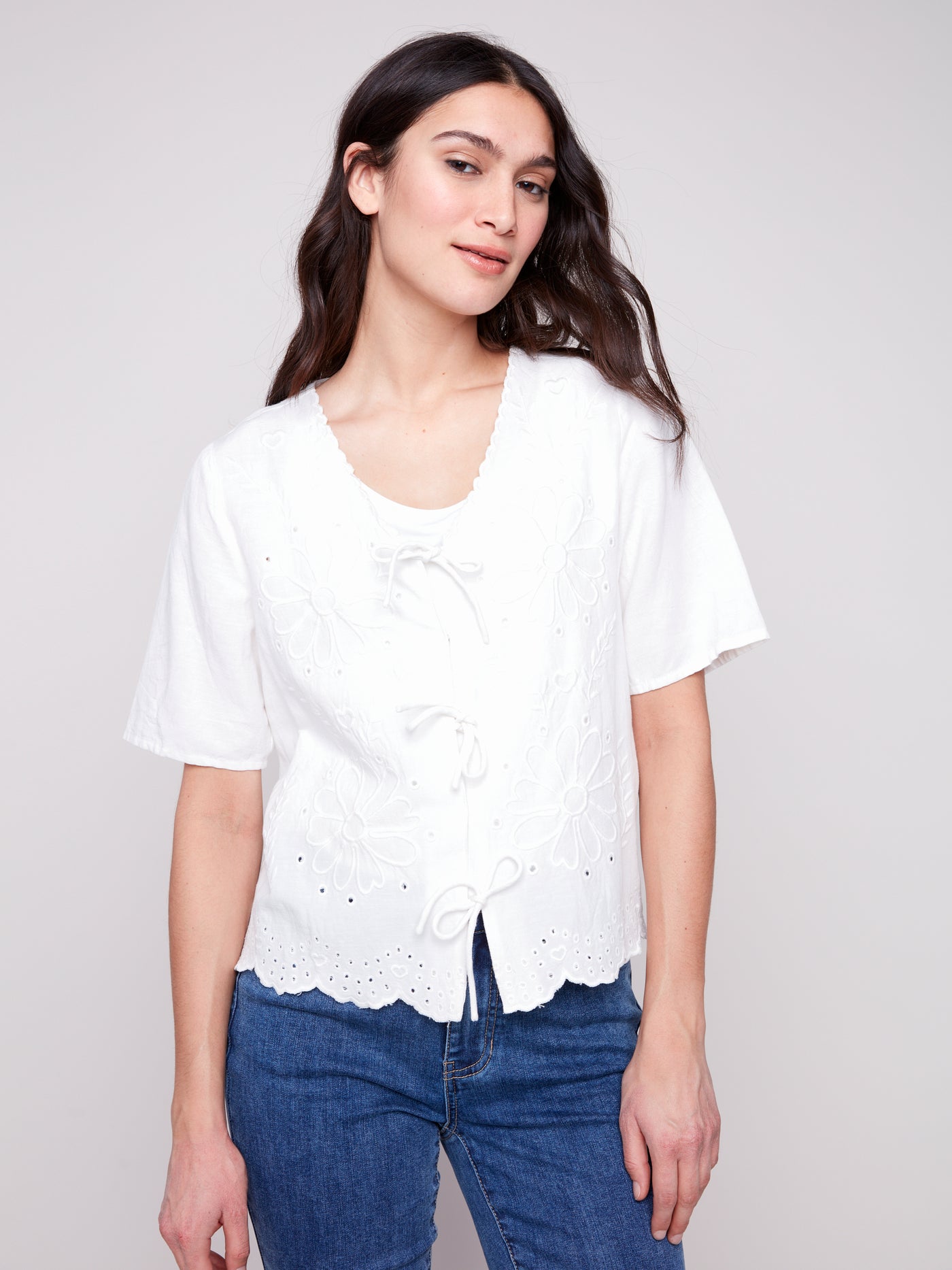 Eyelet Embroidery V-Neck Blouse with Front Ties Charlie B