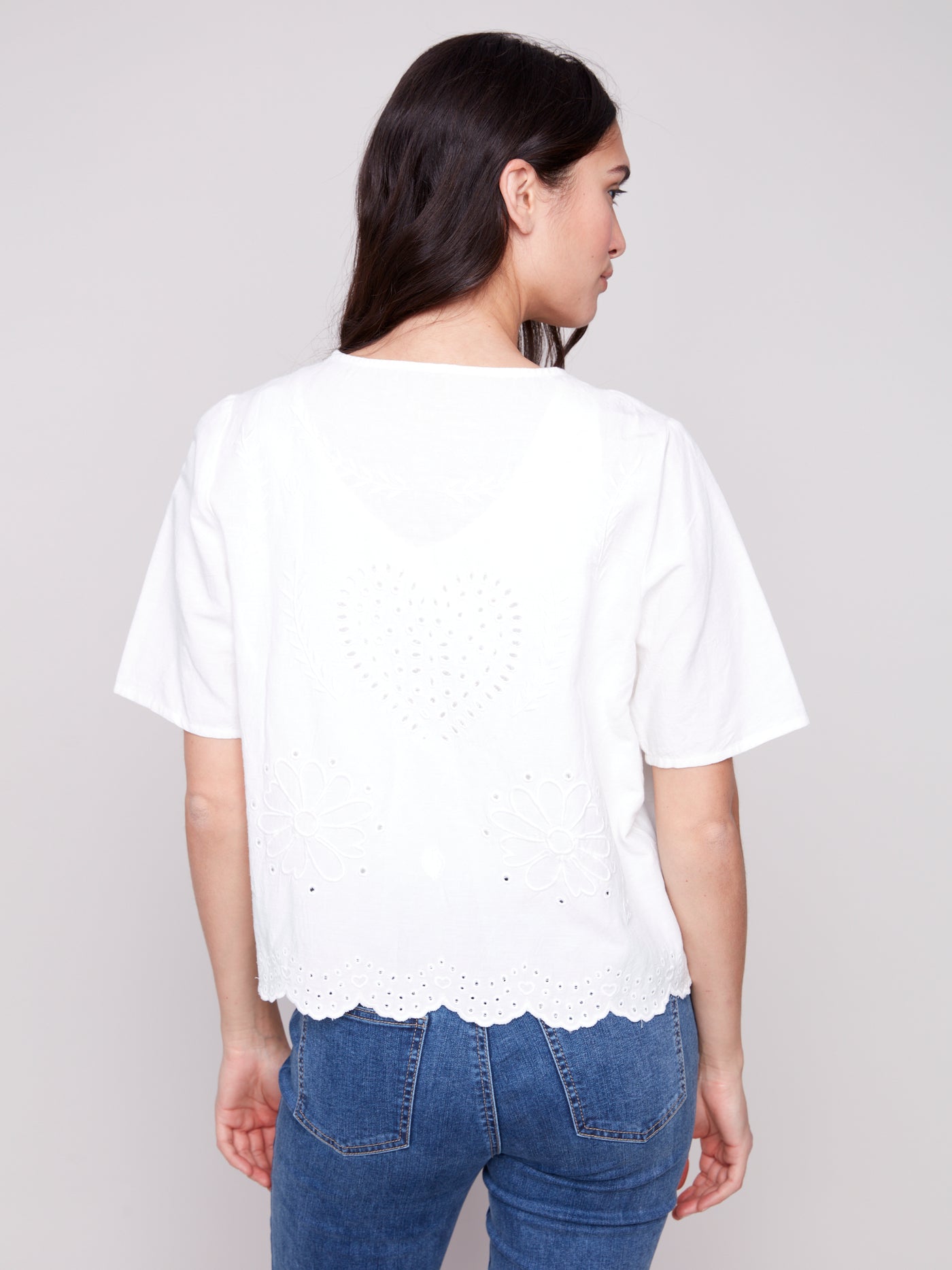 Eyelet Embroidery V-Neck Blouse with Front Ties Charlie B