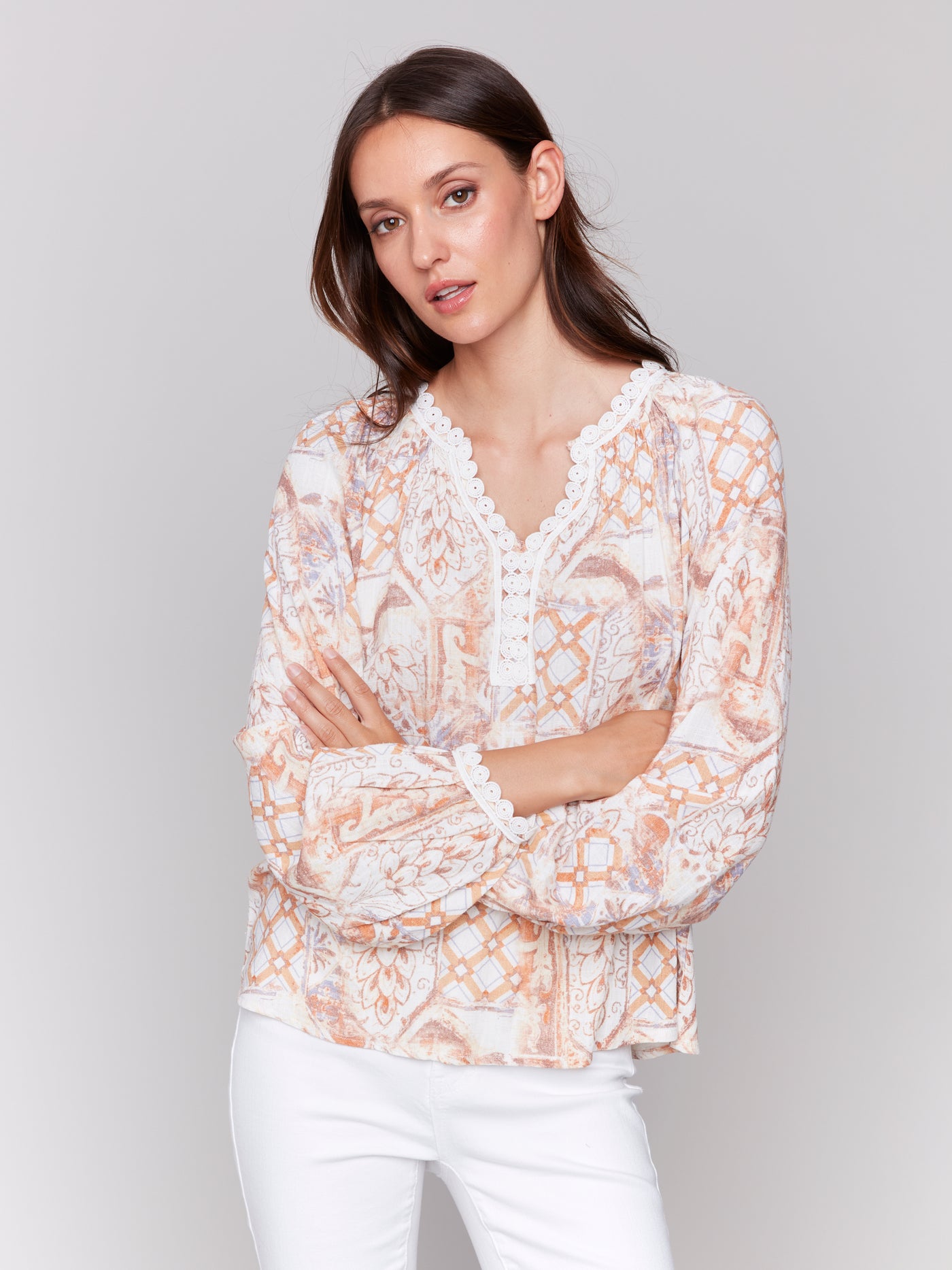 Printed Raglan Blouse with V-Notch Neckline Charlie B