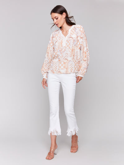 Printed Raglan Blouse with V-Notch Neckline Charlie B