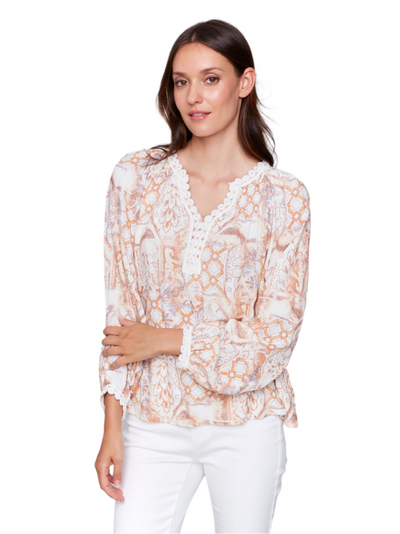 Printed Raglan Blouse with V-Notch Neckline Charlie B