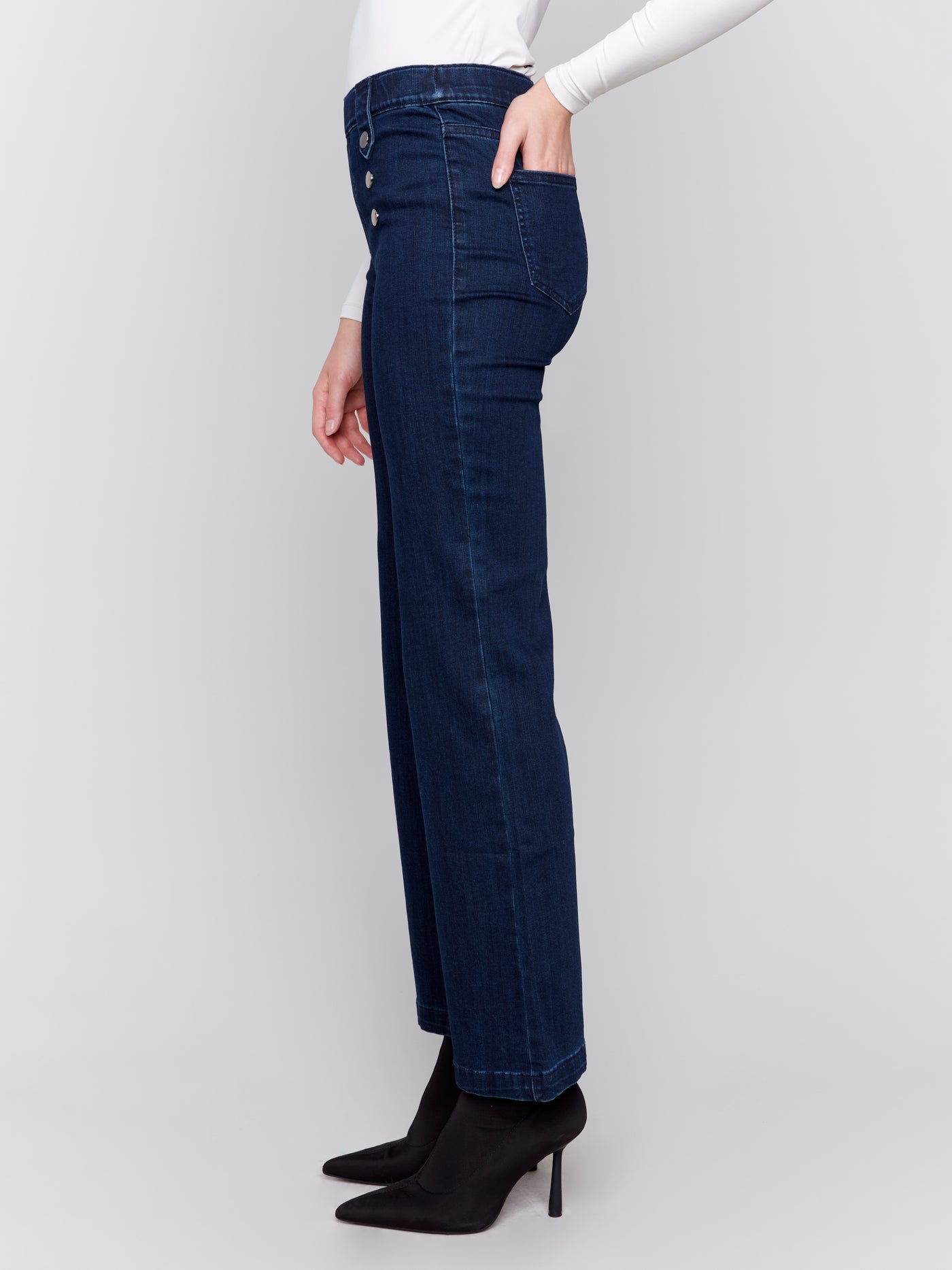 Pull-On Flare Jeans with Front Buttons Charlie B