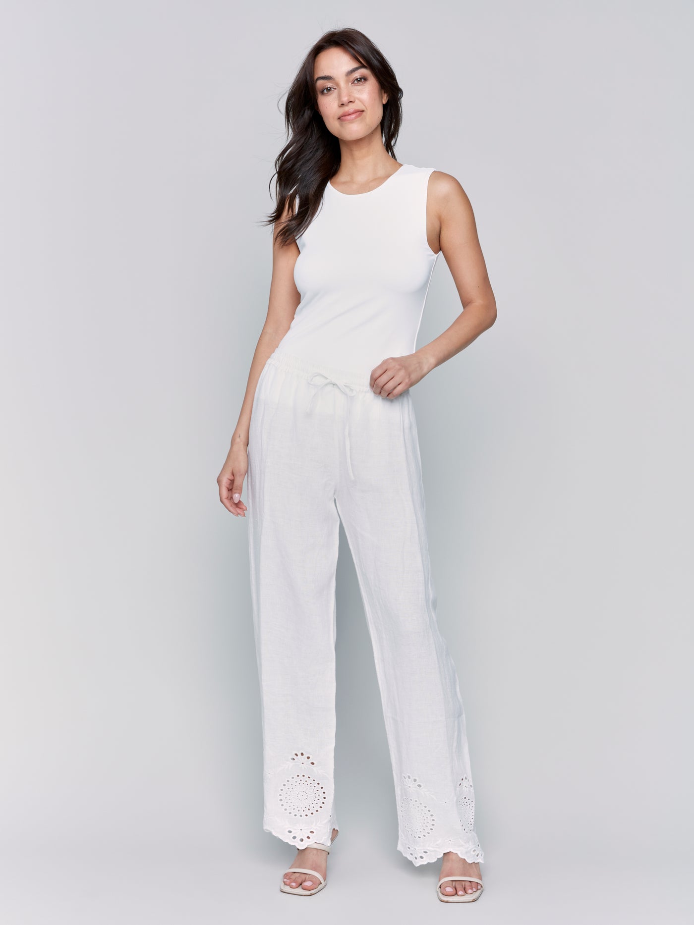 Pull-On Linen Pants with Eyelet Embroidery Charlie B