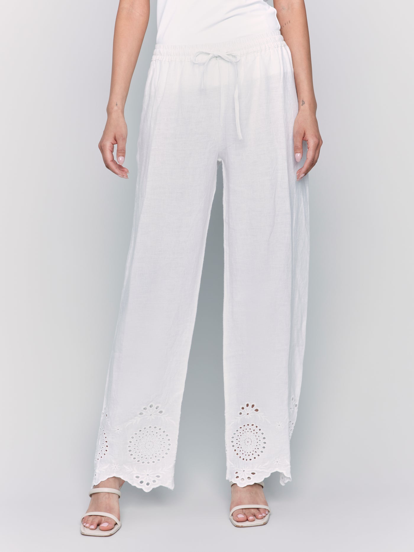 Pull-On Linen Pants with Eyelet Embroidery Charlie B