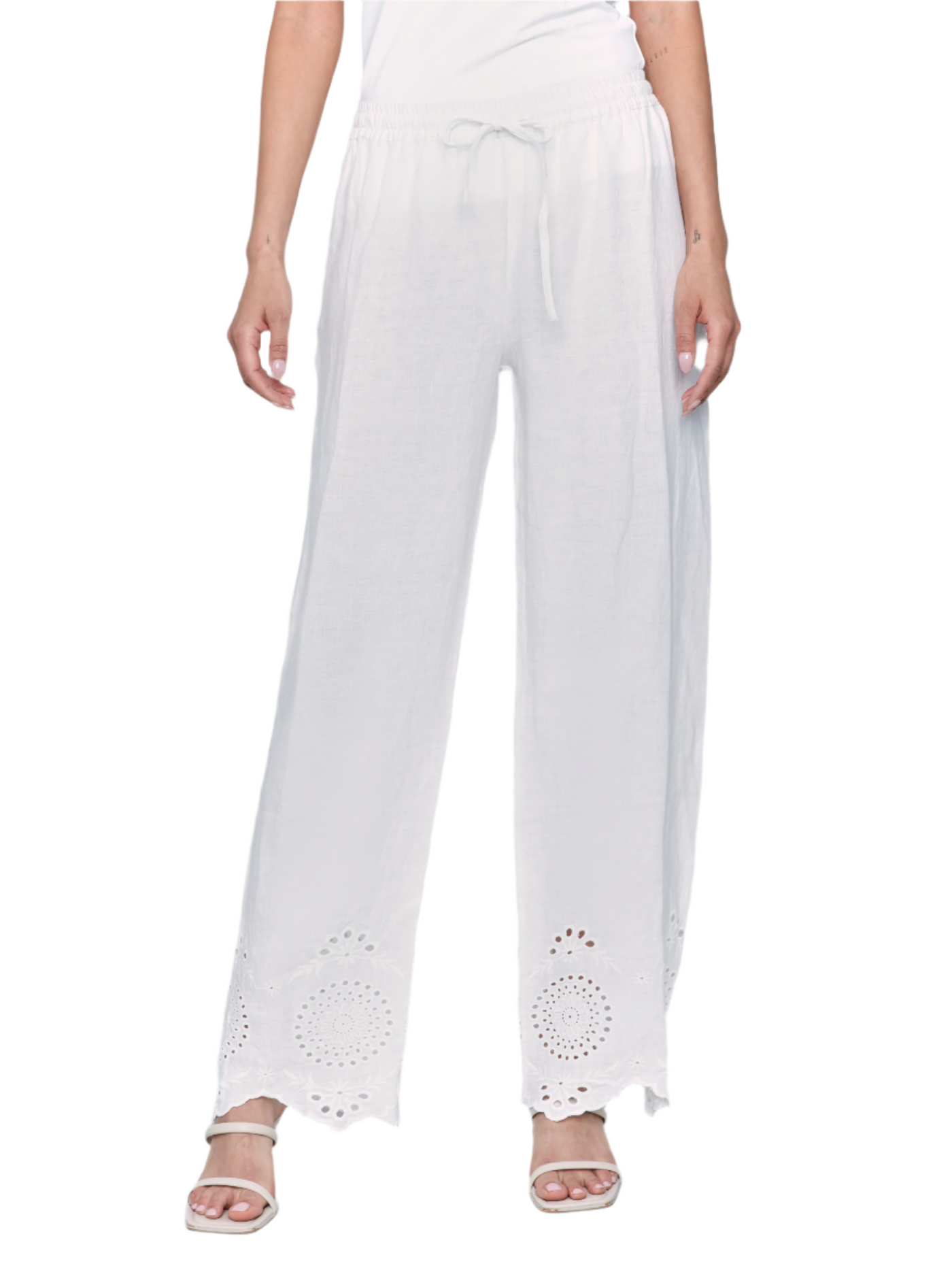 Pull-On Linen Pants with Eyelet Embroidery Charlie B