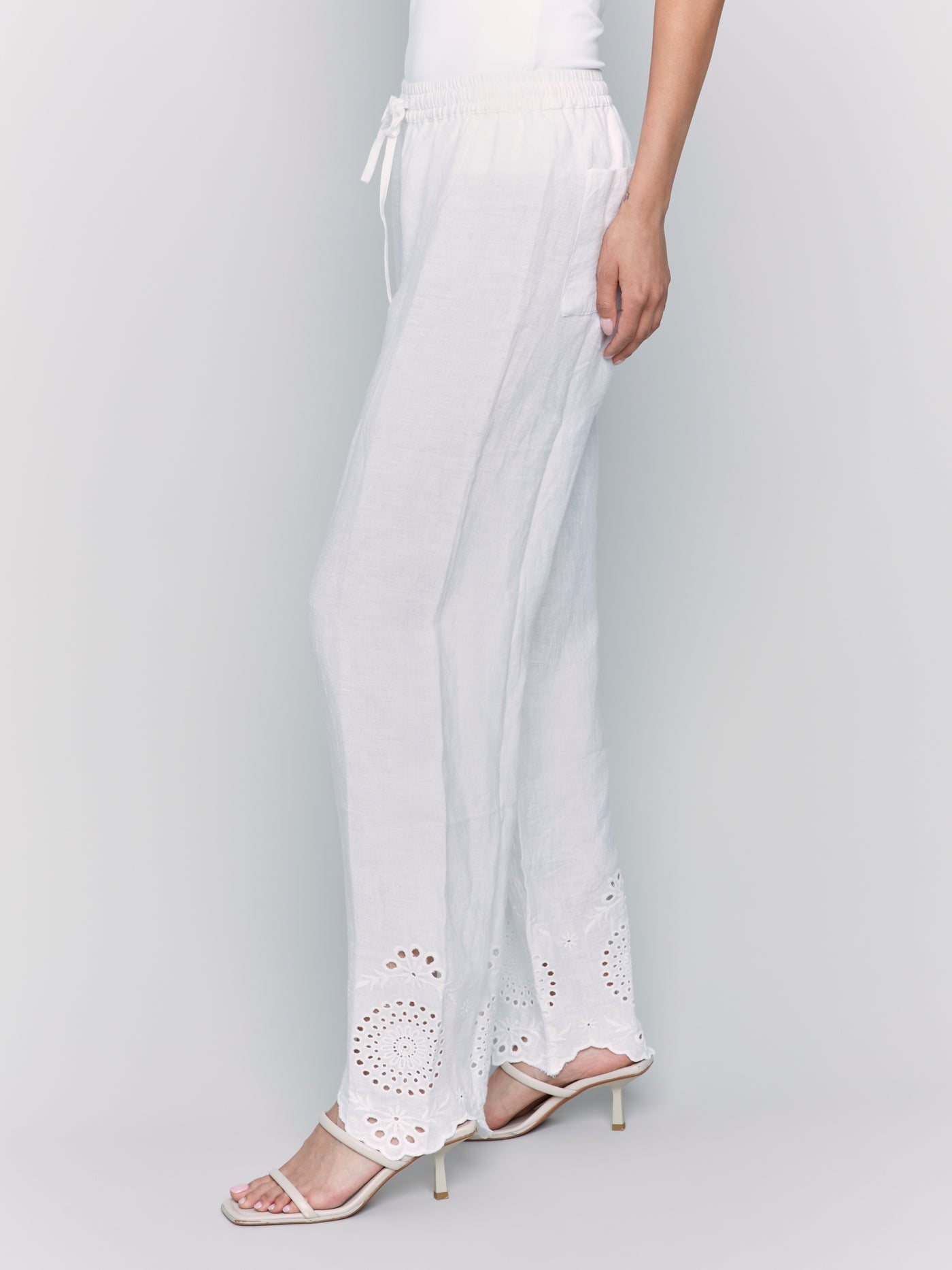 Pull-On Linen Pants with Eyelet Embroidery Charlie B