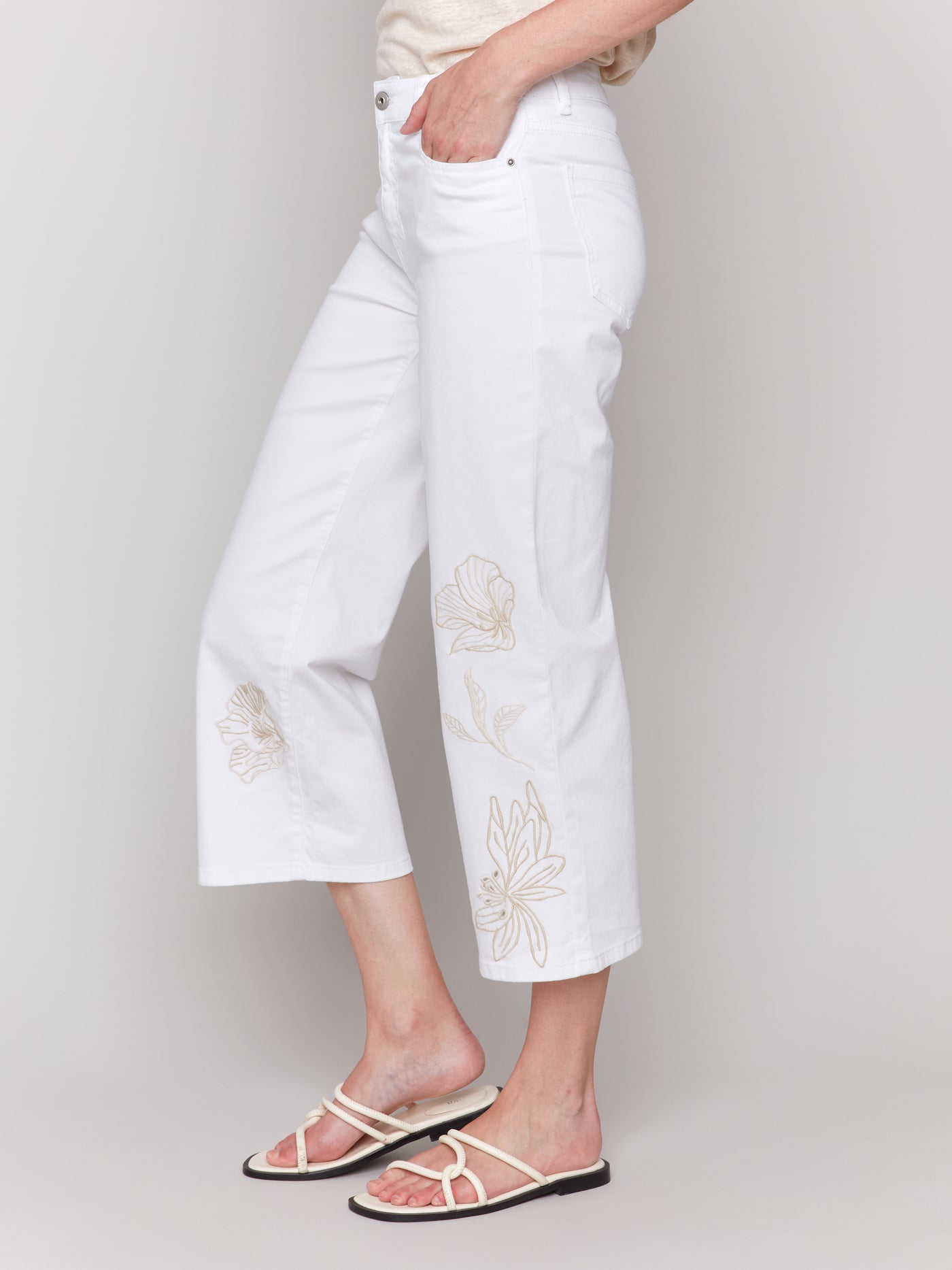 Floral Embroidered Cropped Flare Twill Pants Charlie B