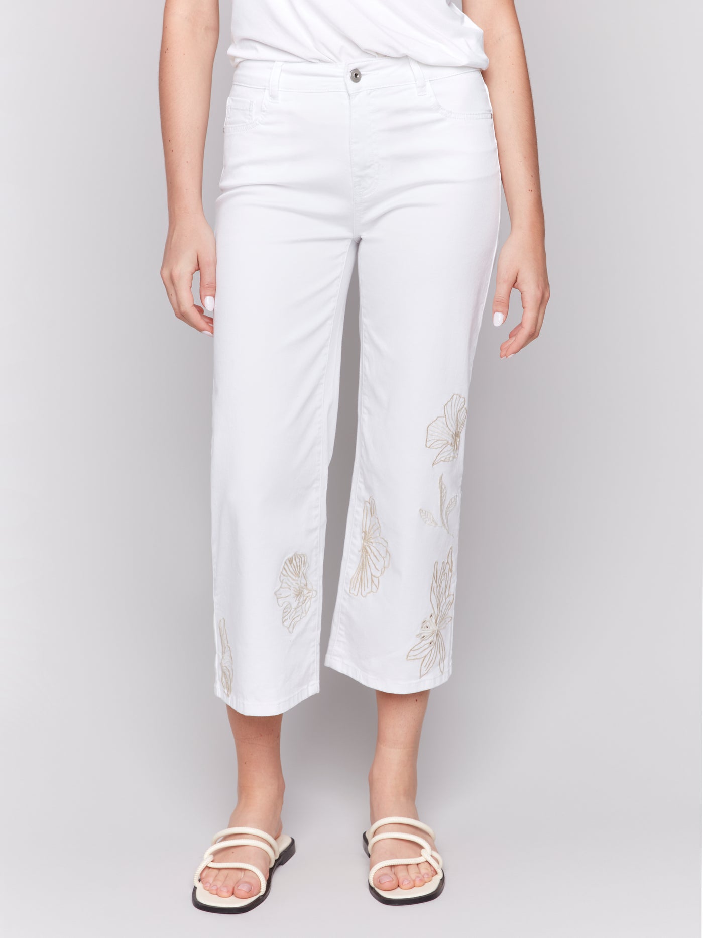 Floral Embroidered Cropped Flare Twill Pants Charlie B