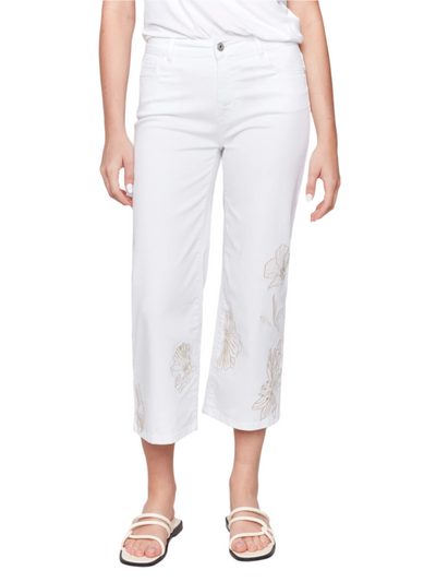 Floral Embroidered Cropped Flare Twill Pants Charlie B