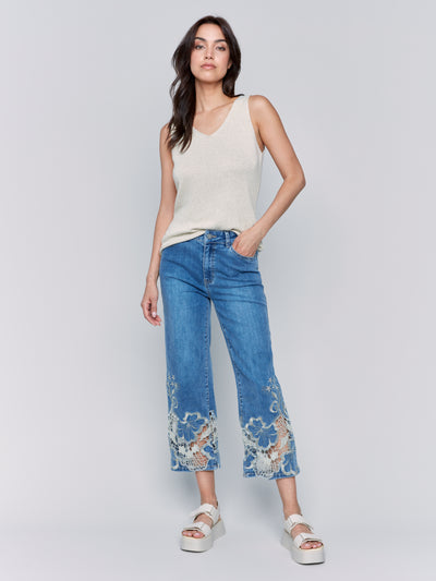 Crop Flare Leg Jeans with Laser Cut Lace Hem Charlie B