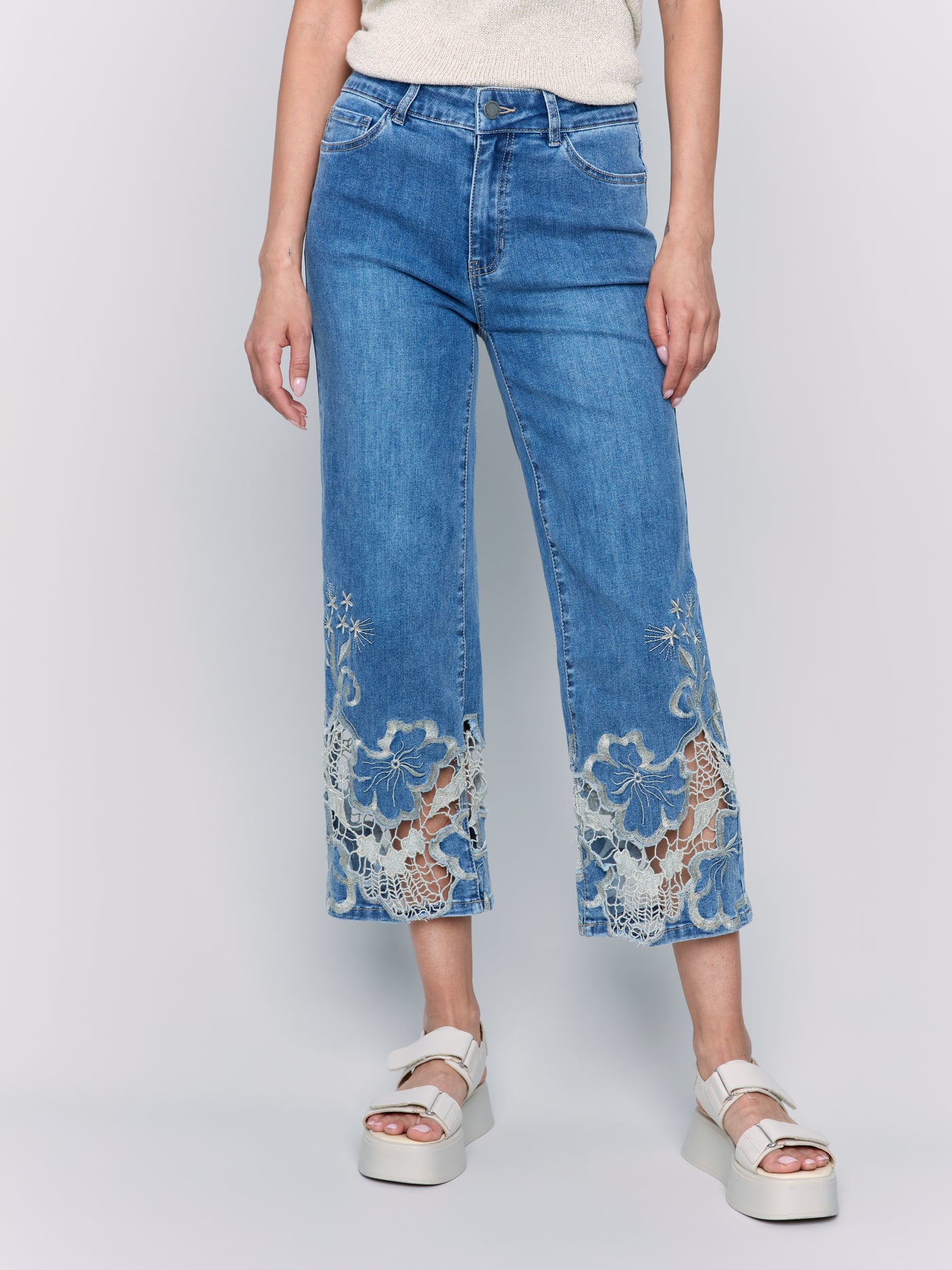 Crop Flare Leg Jeans with Laser Cut Lace Hem Charlie B