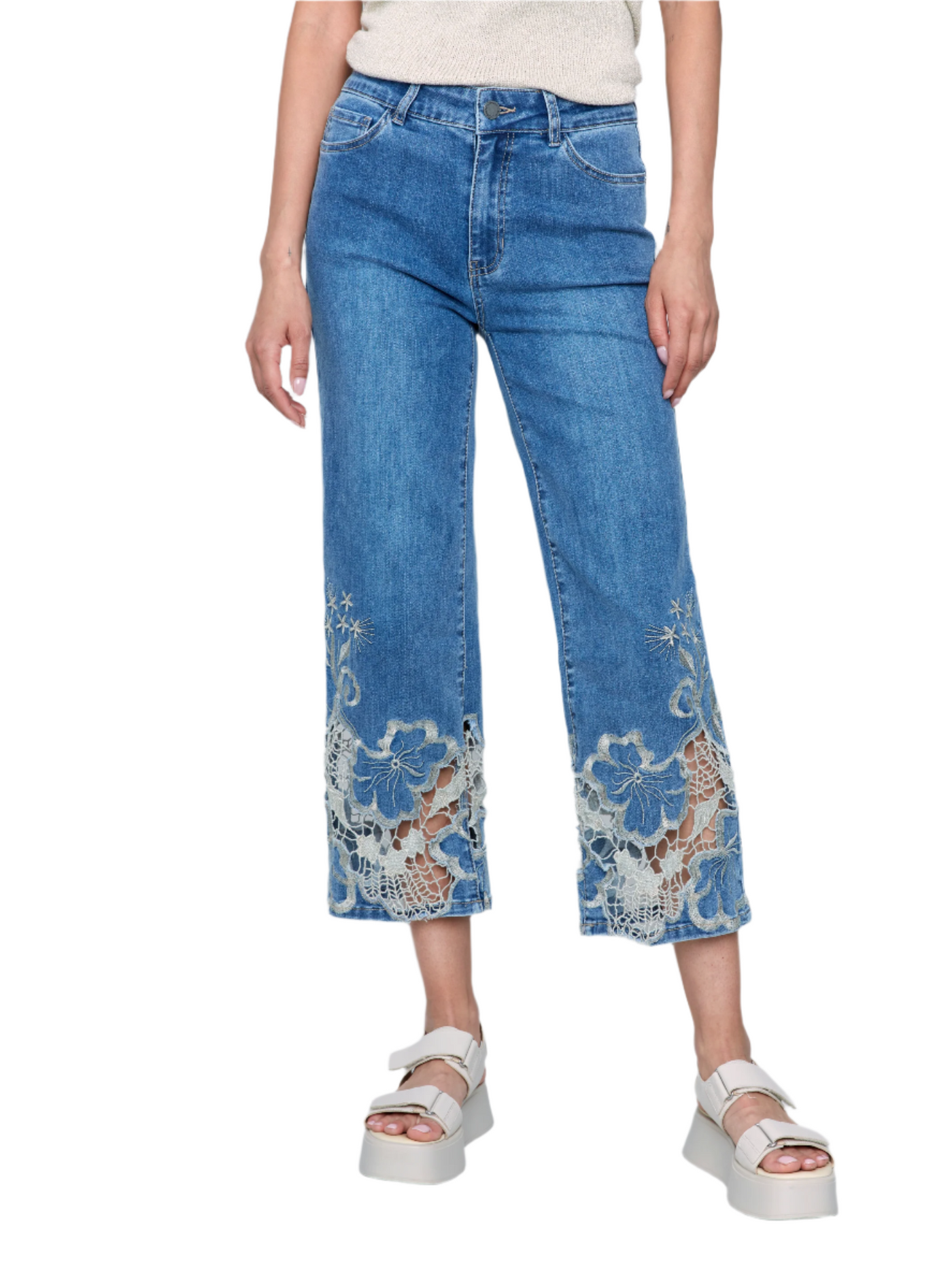 Crop Flare Leg Jeans with Laser Cut Lace Hem Charlie B