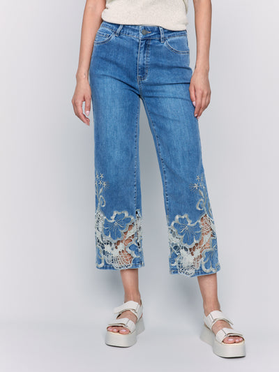 Crop Flare Leg Jeans with Laser Cut Lace Hem Charlie B