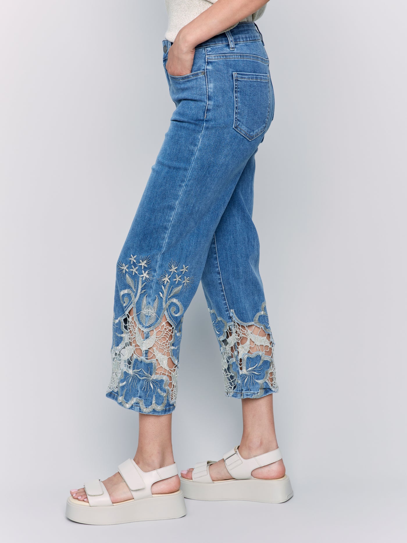 Crop Flare Leg Jeans with Laser Cut Lace Hem Charlie B