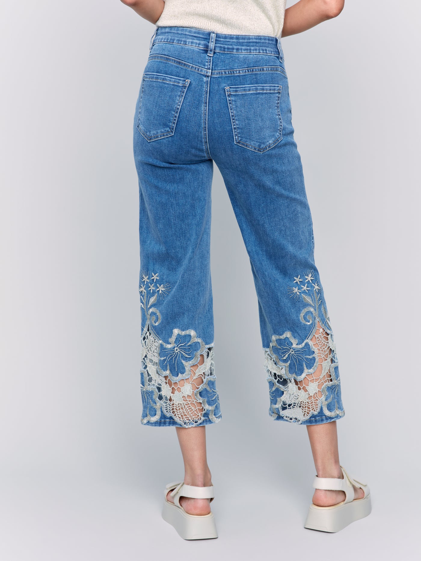 Crop Flare Leg Jeans with Laser Cut Lace Hem Charlie B