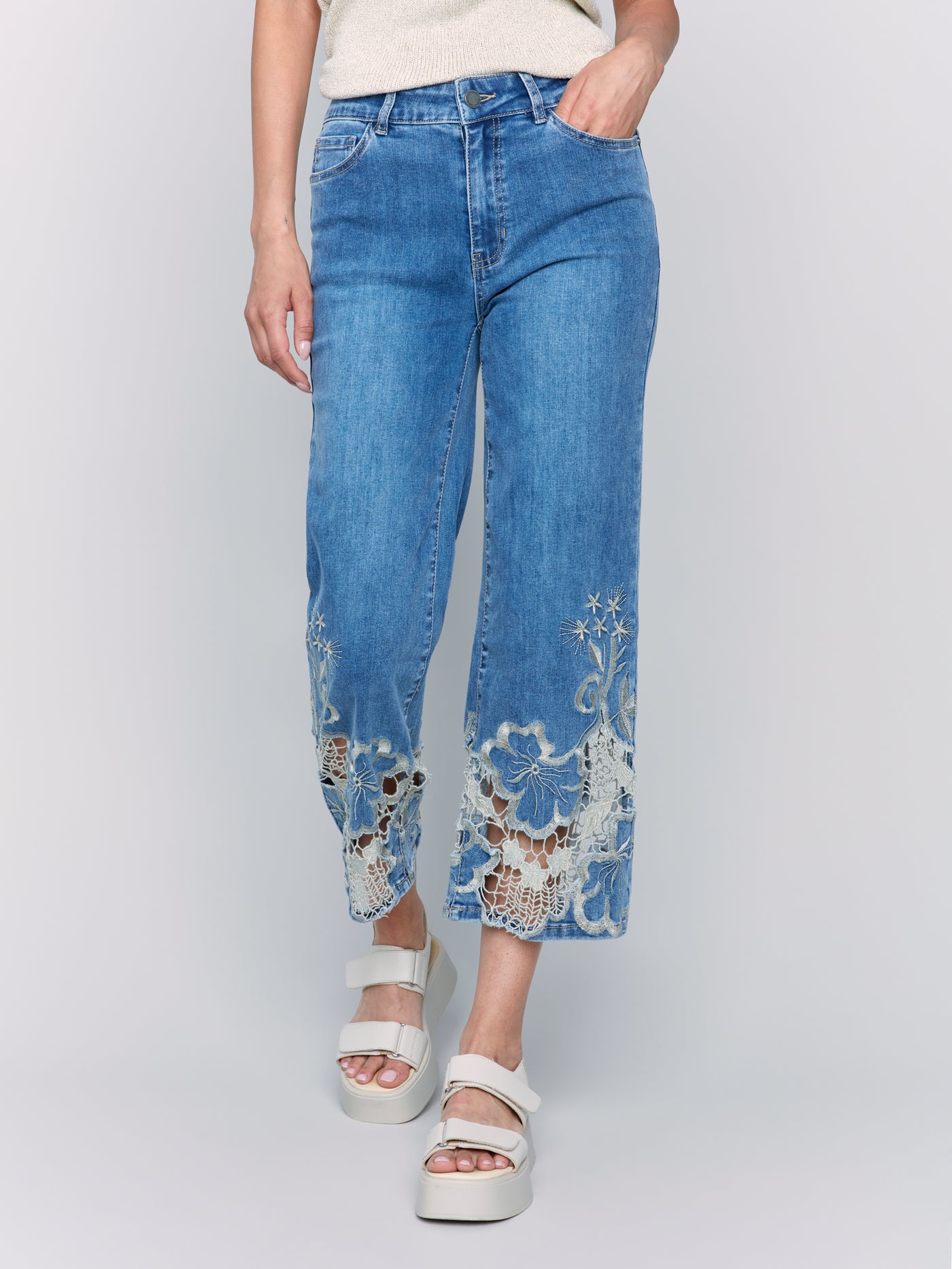 Crop Flare Leg Jeans with Laser Cut Lace Hem Charlie B