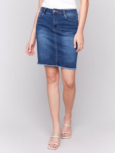 Stretch Denim Skort with Frayed Hem Charlie B