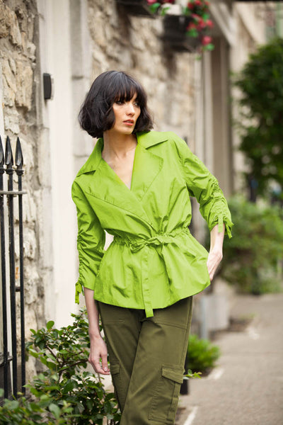 Ruched-Sleeve Wrap Blouse with Waist Tie Elena Wang