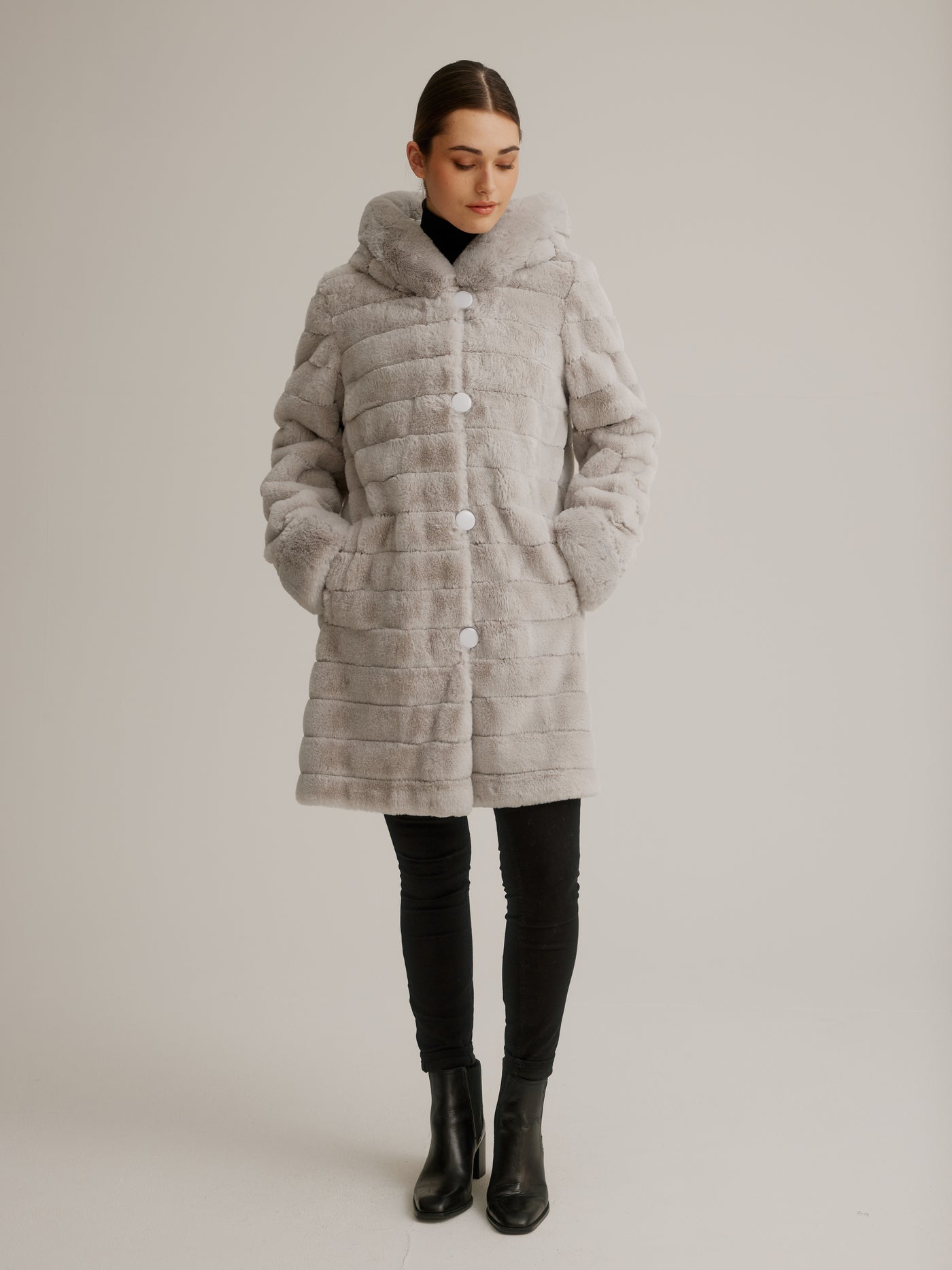 Reversible Faux Fur Coat W/ Fixed Hood & Button Front Nikki Jones