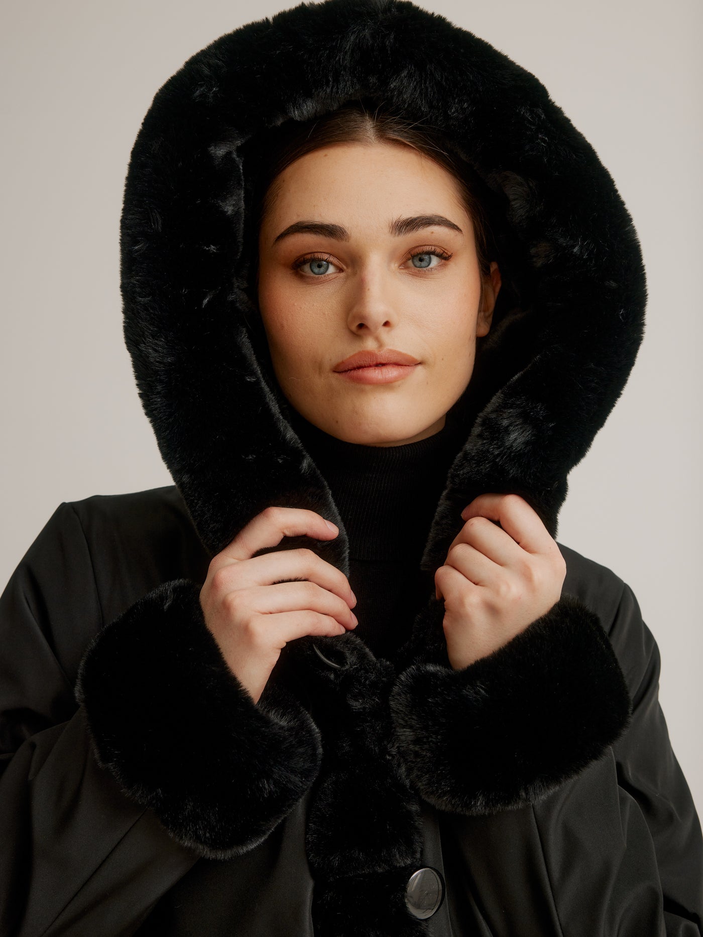 Reversible Faux Fur Coat W/ Fixed Hood & Button Front Nikki Jones