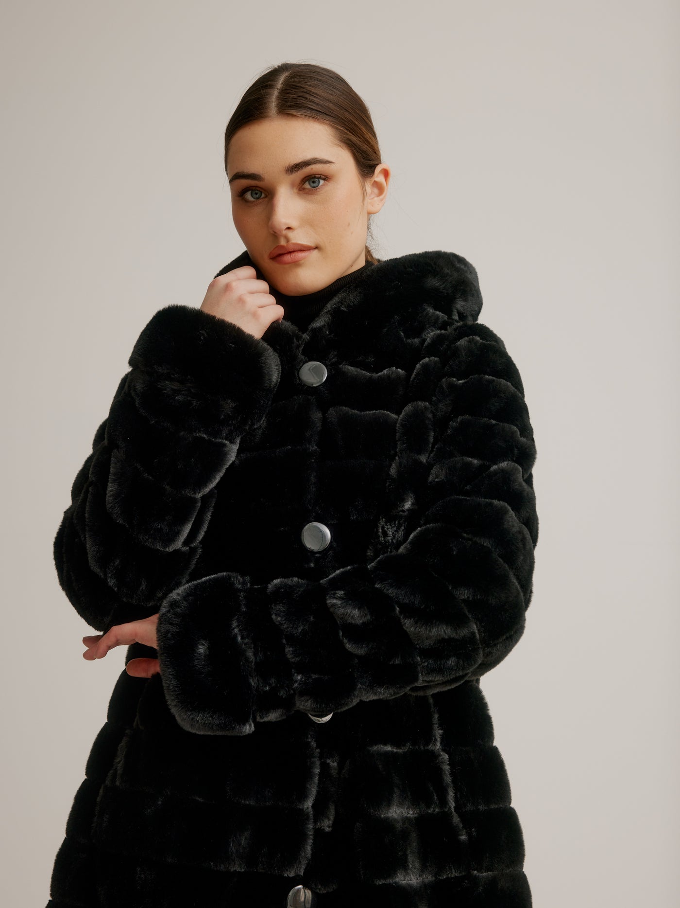 Reversible Faux Fur Coat W/ Fixed Hood & Button Front Nikki Jones