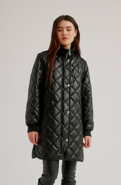 Vegan Leather Zip Front Diamond Quilted Coat Nikki Jones